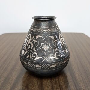 Antique Islamic Indo-Persian Bidriware Gray With Silver Koftgari Florals Vase